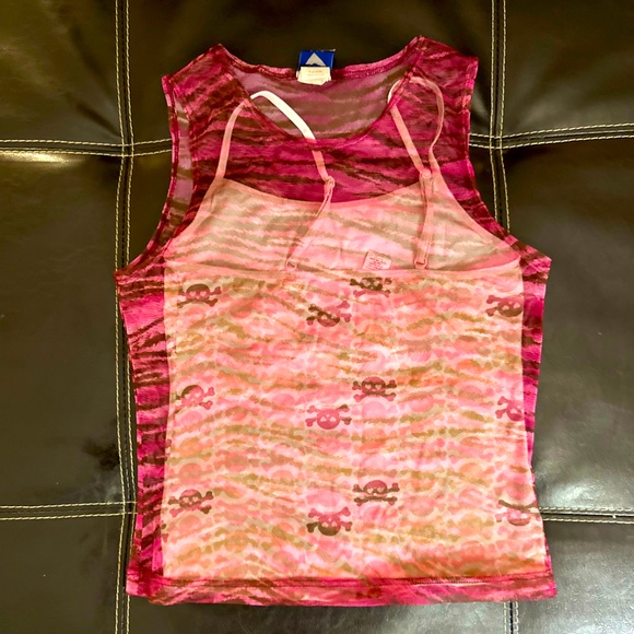 Y2K Pink Spaghetti strap BabySkull & Mesh Zebra 2-PieceTop - Picture 5 of 6